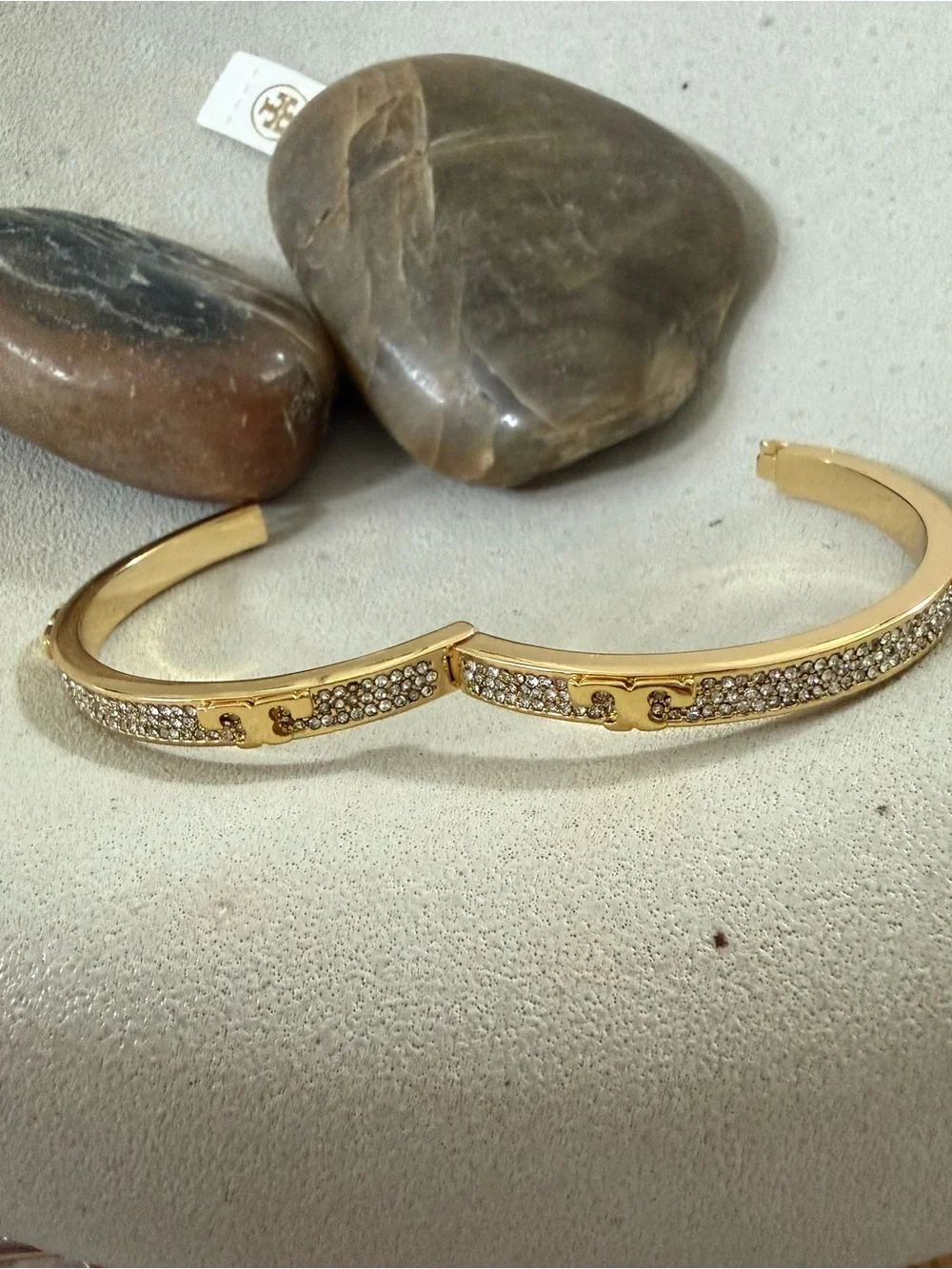 Tory Burch Gold Tone Pavé Crystal Hinged Bangle Bracelet